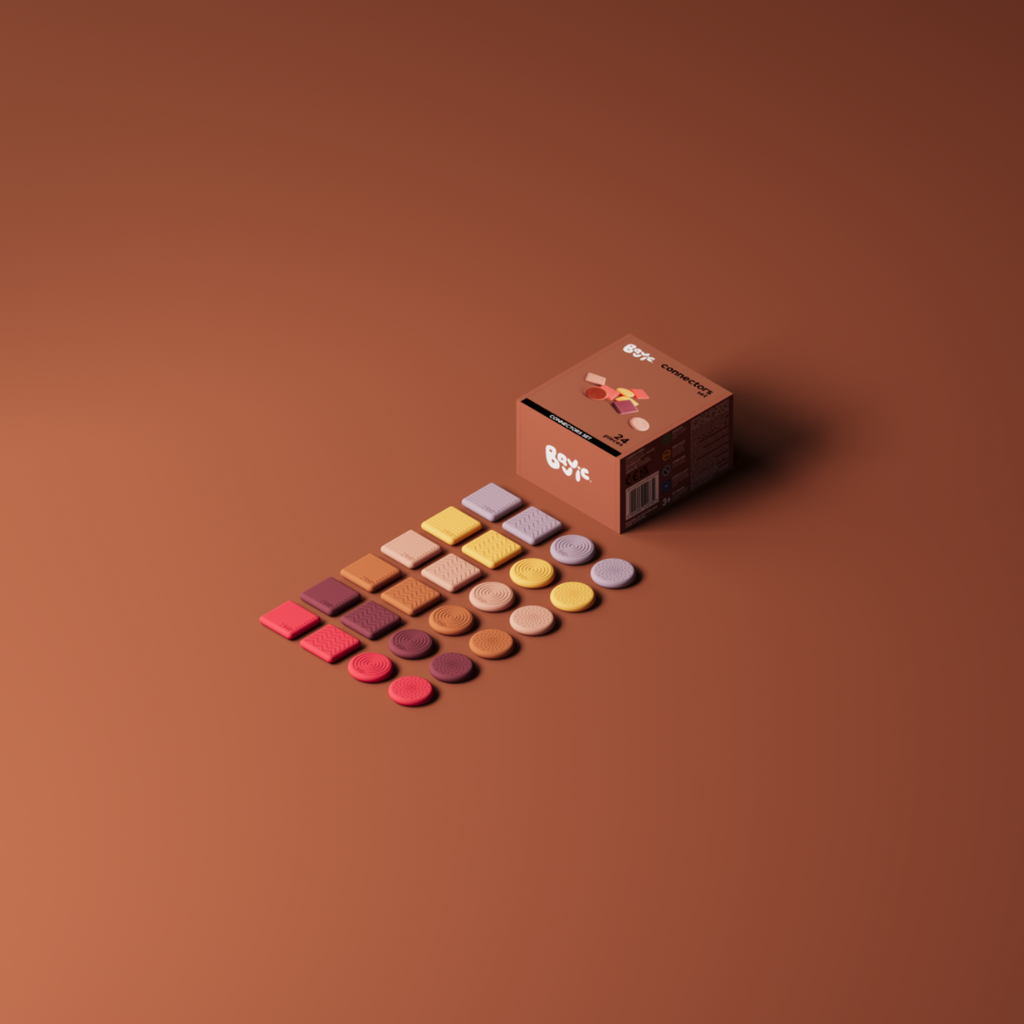 BAVVIC CONNECTORS SET packshot — 24 colourful food-grade silicone connectors for wooden blocks