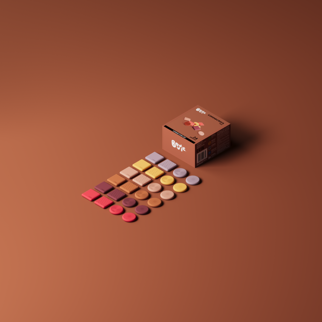 BAVVIC CONNECTORS SET packshot — 24 colourful food-grade silicone connectors for wooden blocks